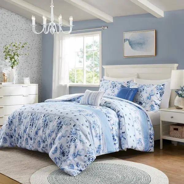 ARCH Twin/Twin XL Floral Striped Comforter Set Soft Microfiber Bedding with Reversible Design Lightweight All-Season Down Alternative Quilted Duvet Insert for Kids Teens Guest Room Dorm Bedroom Decor Blue White, Home Furniture and Household Product