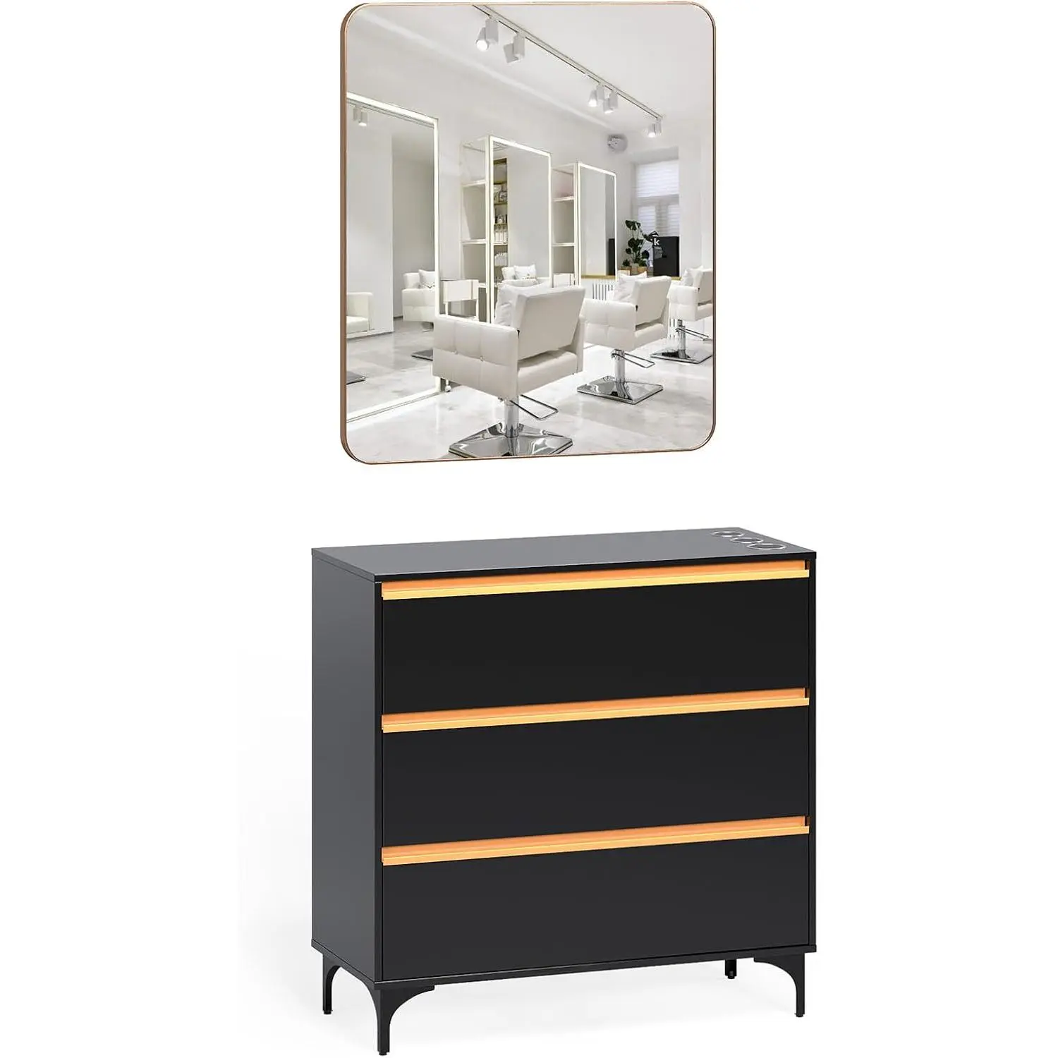 OmySalon Salon Station, Barber Station with Mirror & Drawers & Hair Dryer Holders, Professional Storage Styling Cabinet, Salon Stations for Hair Stylist Beauty Spa Dresser, Black