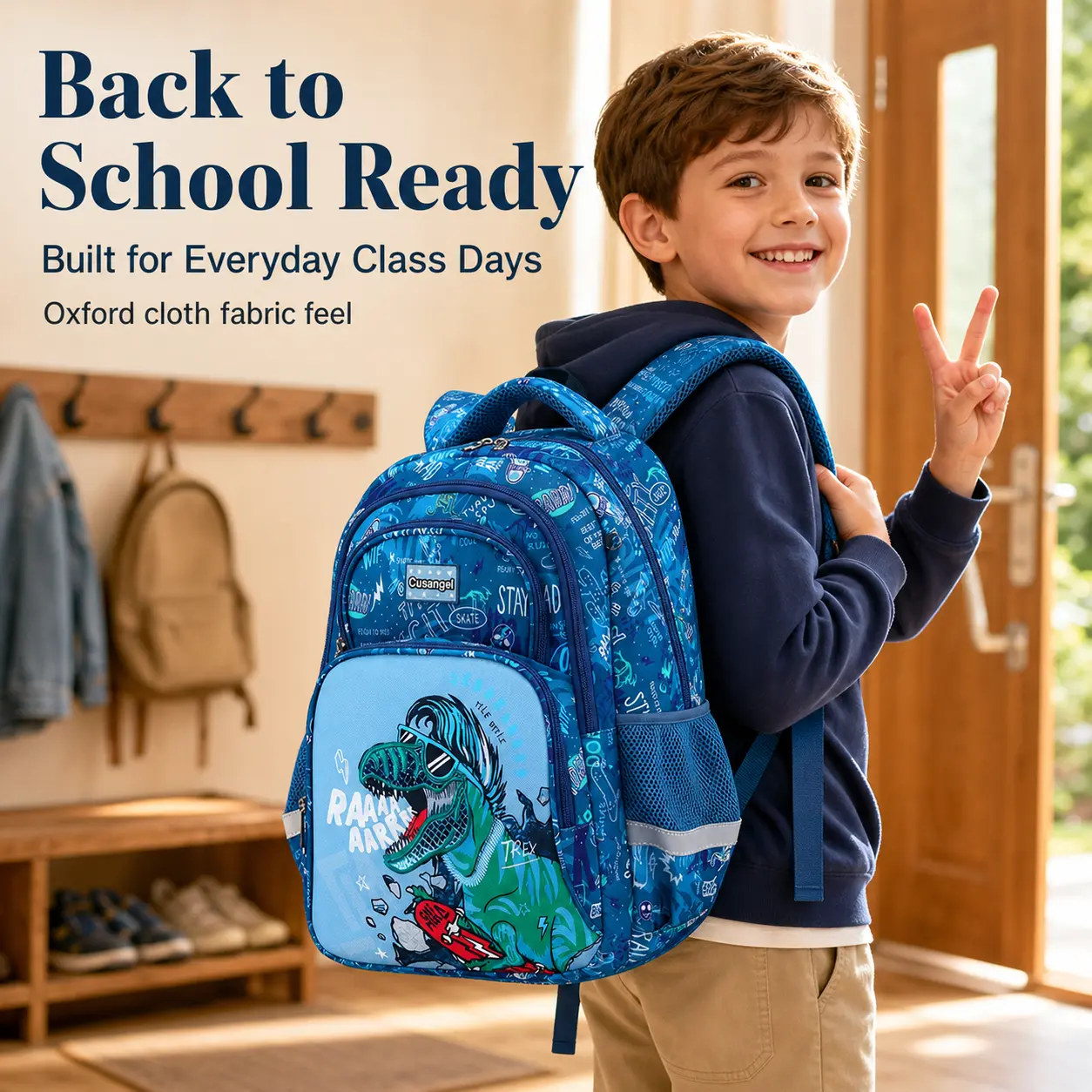 Unisex Kids' Dinosaur Skateboard Backpack - Waterproof Oxford-Polyester-Nylon, Lightweight Blue Book Bag for Elementary School Students