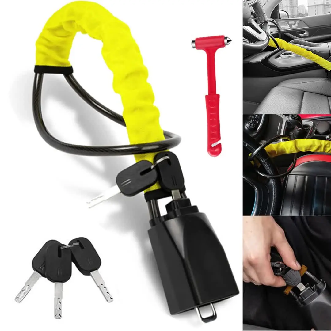 Car Steering Wheel Lock with 3 Keys, Anti-Theft Security Device, Heavy-Duty Steel Cable Lock, Cut-Resistant, Vehicle Protection, Features a Secure Locking Mechanism, Suitable for Sedans, SUVs, and Trucks, Car Security Accessories
