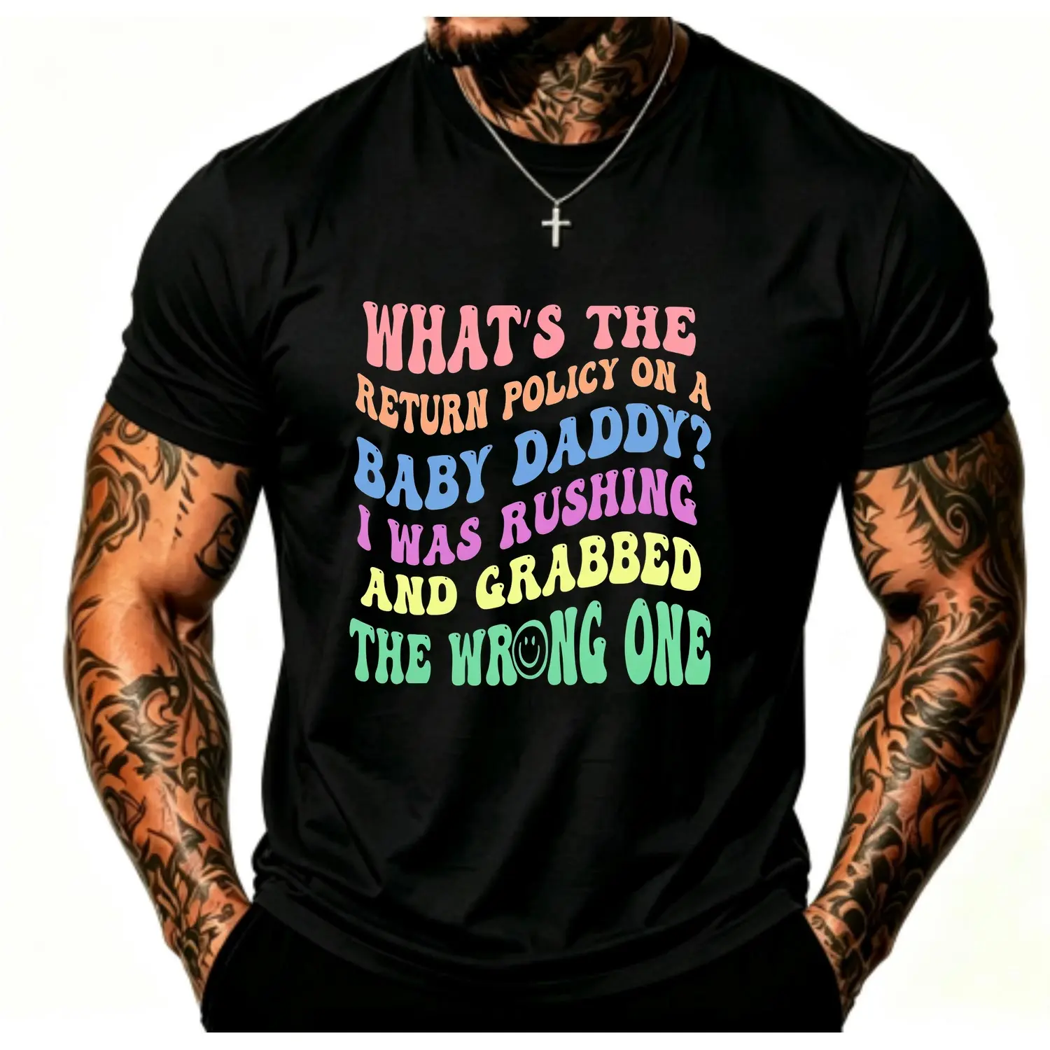 Menswear Round Neck Short-Sleeve T-Shirt for Men - Baby Daddy Sarcastic Quote Graphic Top, Casual Trendy Humor Style (With Return Policy Clarification Note)