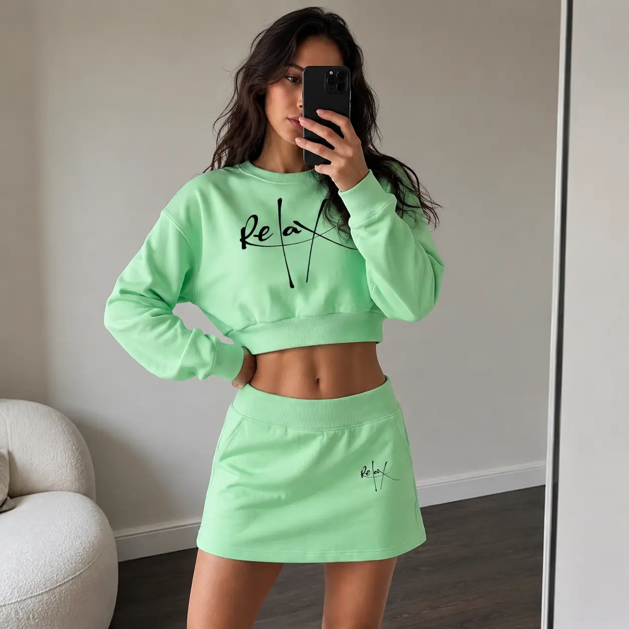 Women's Trendy Graphic Skirt Set Featuring Cropped Long Sleeve Sweatshirt and Mini Skirt with Letter Print Detail. Inspired by Minimalist Fashion, This Cute Two Piece Outfit Offers a Stylish Look, Perfect for Fall Outfits, Streetwear