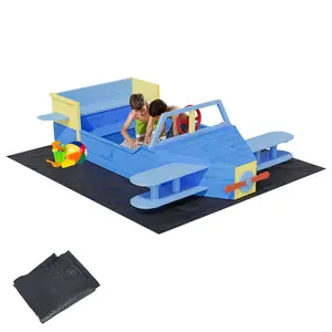 Airplane Wooden Sandbox for Kids Ages 3-8 with Propeller Rudder & Wings, Outdoor Sand Pit with Bottom Liner for Backyard Patio Beach