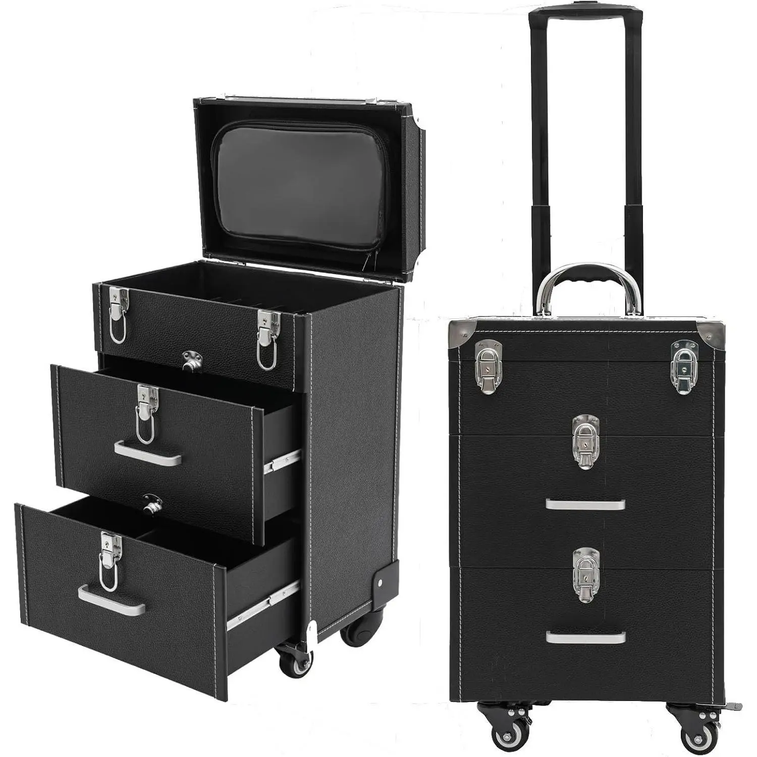 Professional Rolling Makeup Case - Large Capacity, PVC & Aluminum Alloy, Lockable Drawers, Portable Makeup Organizer with Wheels, Retractable Handle - for Makeup Artists & Enthusiasts(Black, Silver)