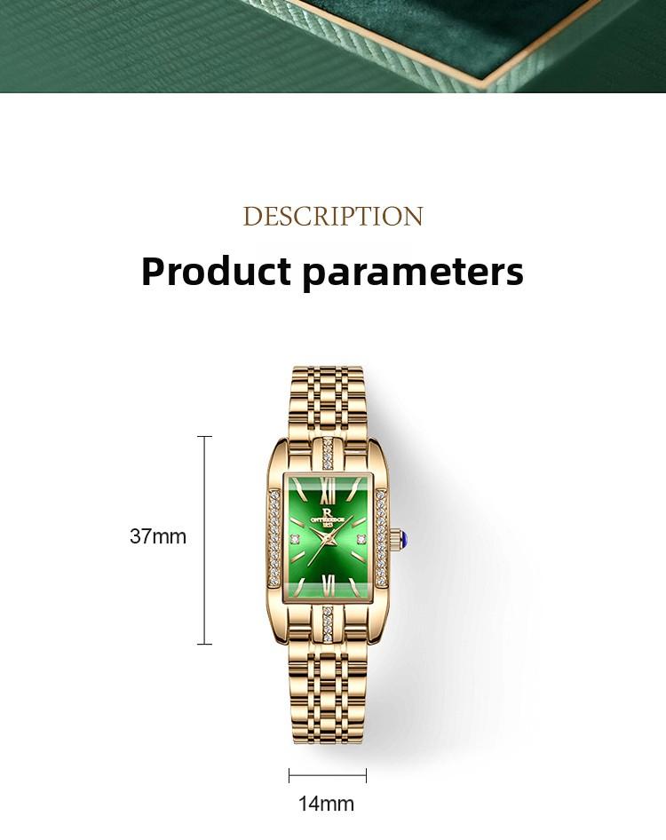 Women's Luxury Gold Rectangle Quartz Watch - Green Dial with Crystal Diamond Accents, Roman Numerals, Stainless Steel Band, Elegant Dress Wristwatch, Perfect Gift for Her