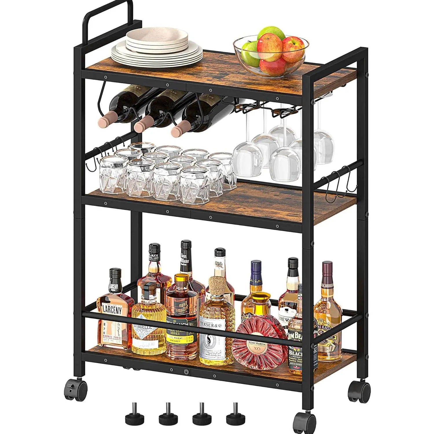 Bar Cart Serving Cart for Home Microwave Cart Drink Cart Mobile Kitchen Shelf with Wine Rack and Glass Holder Rolling Beverage Cart for Dining Room Rustic Brown and Black