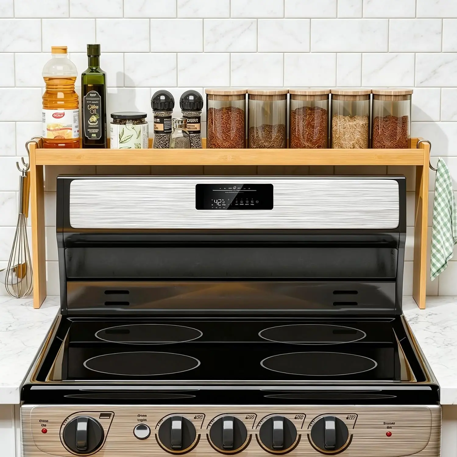 Simple Trending 31.5" Natural Bamboo Over‑Stove Spice Shelf, Spice Rack Organizer with 2 Hooks for Kitchen Countertop Storage