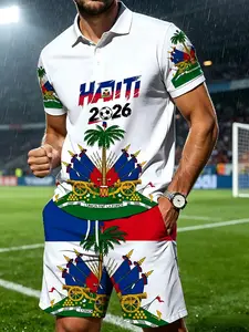 Haiti National Emblem Palm Print 2 Piece Outfits, Men Short Sleeve Polo Shirt And Drawstring Shorts Set, Flag Color Patriotic Graphic, Breathable Casual Summer Matching Tracksuit.