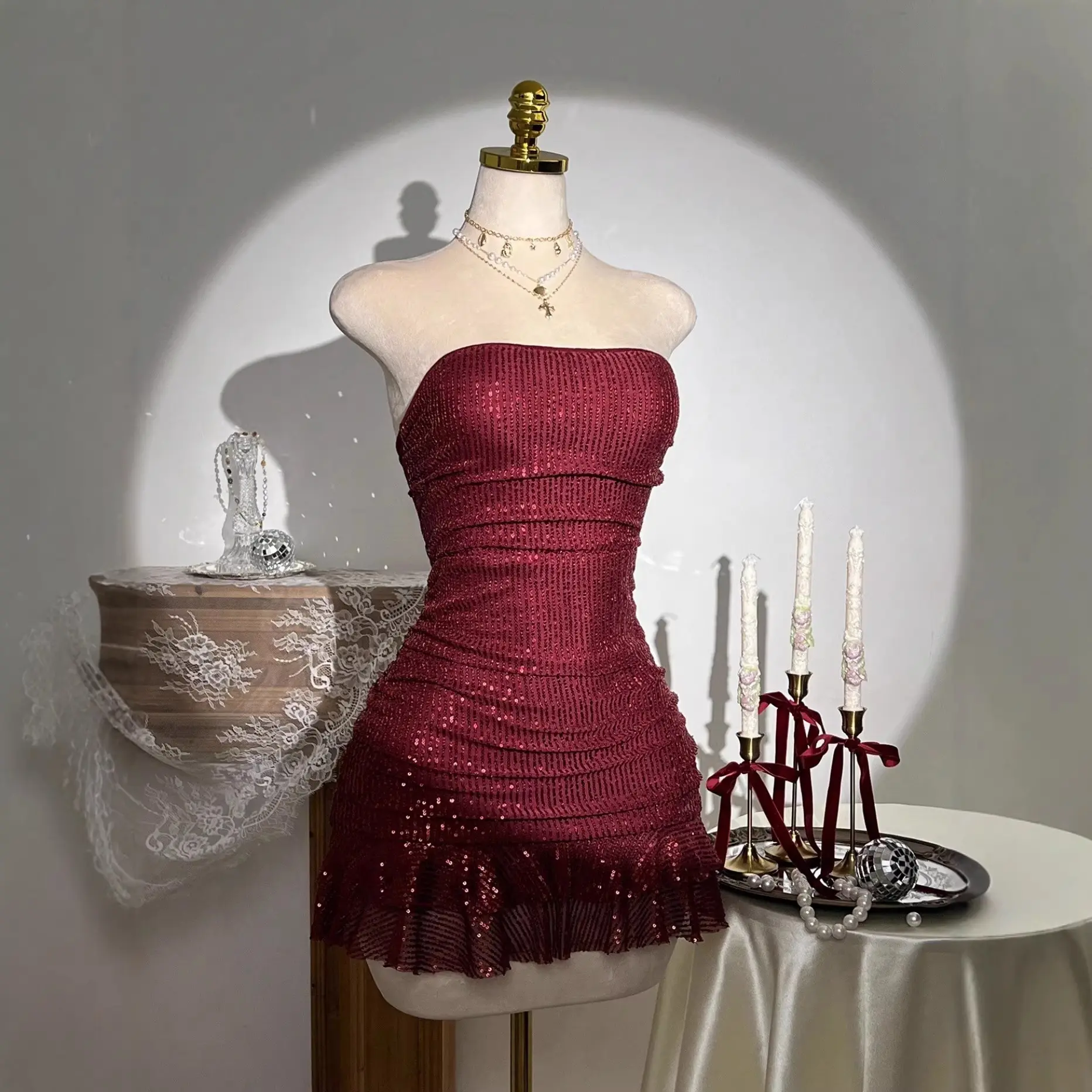 Glam Sparkly Sequin Bodycon Dress.Women Off‑Shoulder Strapless Ruched Ruffle Hem Mini Dress for Cocktail & Night Out