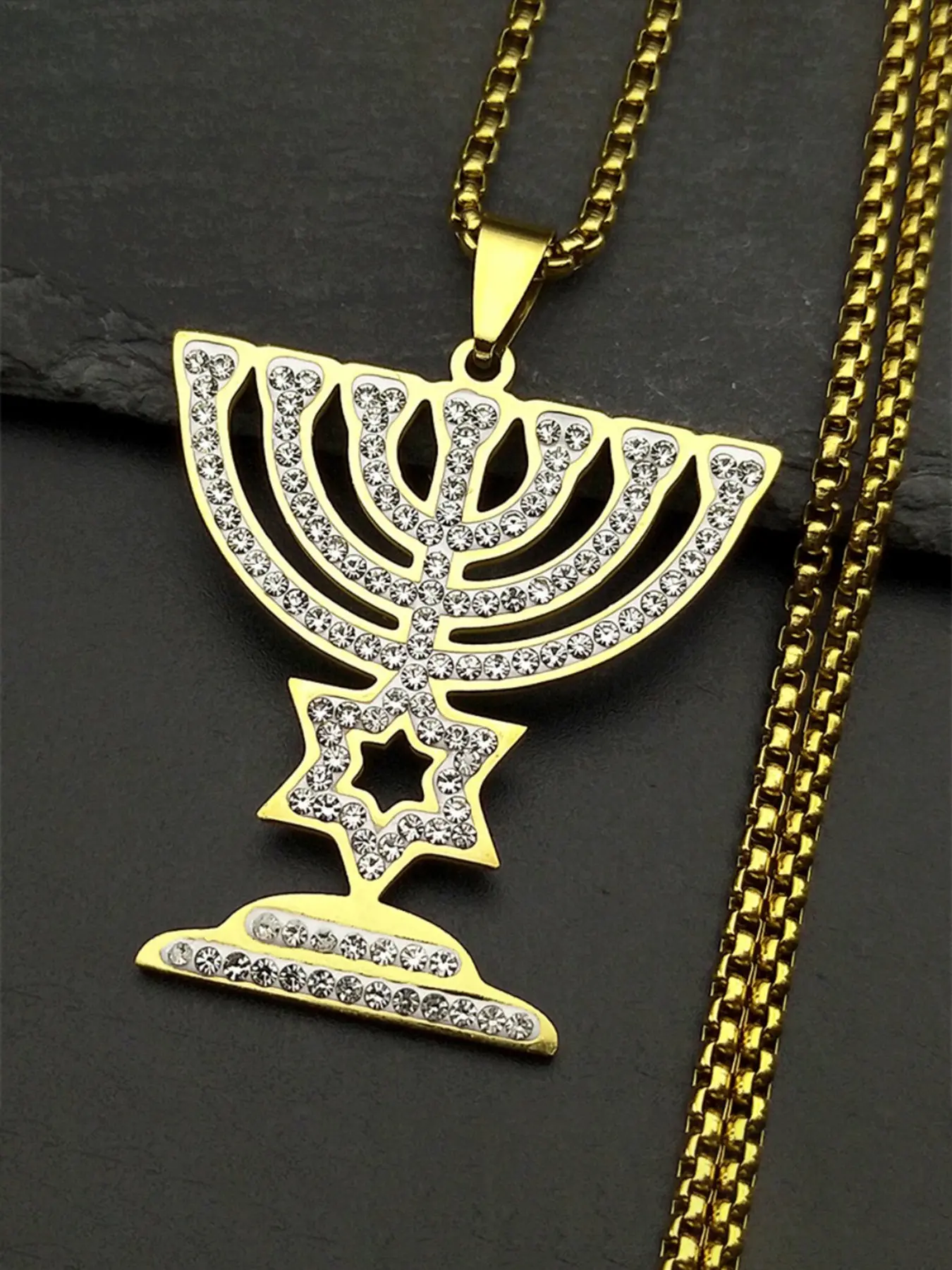 Jewish Menorah Star of David Necklace Stainless Steel Judaica Israel Faith Pendant Necklace Lamp Hanukkah Rhinestones Necklace Gift