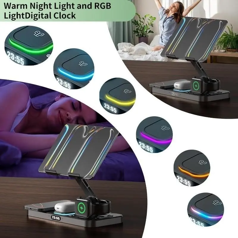 Six-In-One Wireless Charger for Apple Devices, Clock & RGB Ambient Light, Foldable Rotating Stand, Compatible with iPhone, Watch, Bluetooth-compatible Earbuds