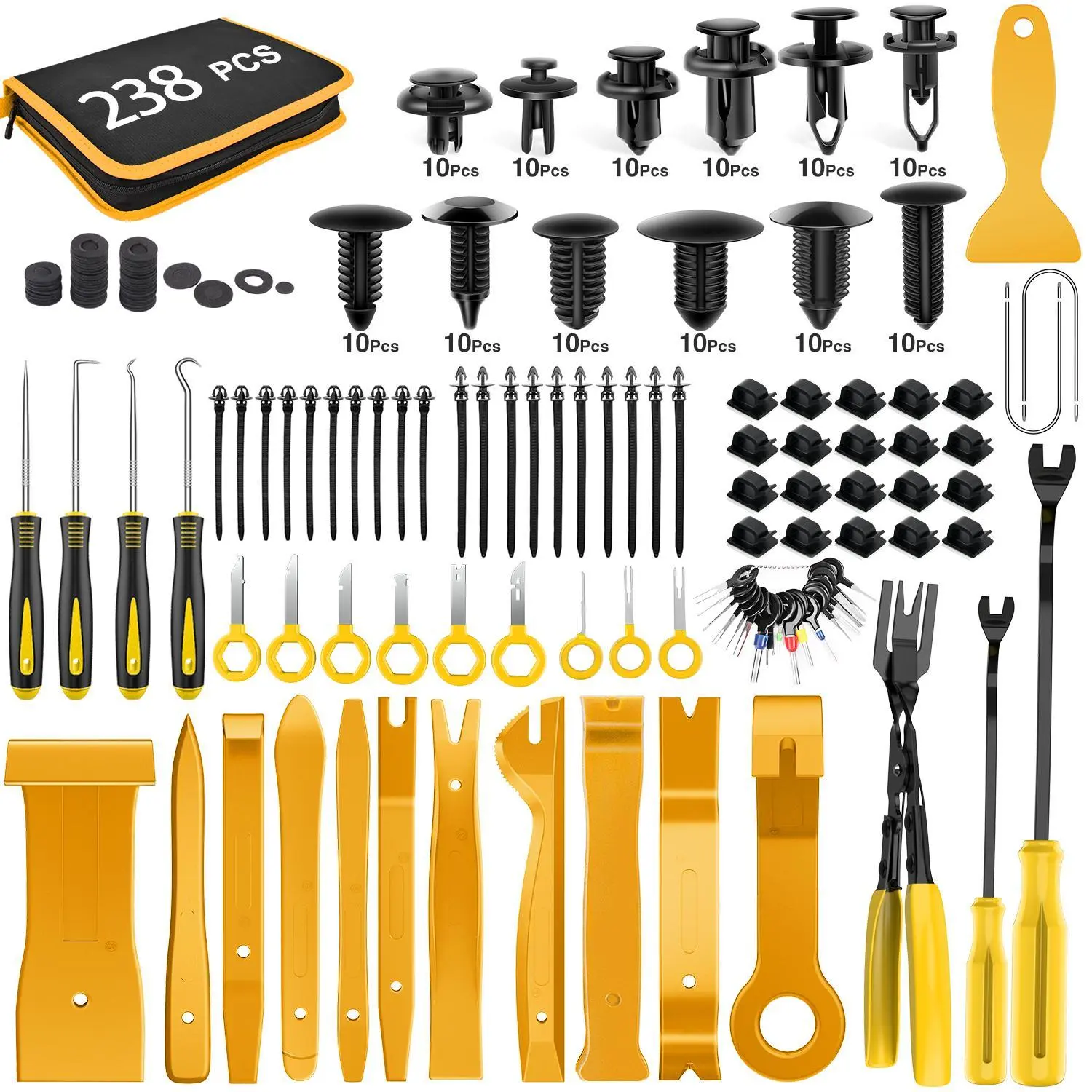 GOOACC 238-Piece Nylon Fiber Car Auto Trim Removal Multi-Tool Kit Pack - Portable Set with Bumper Retainer Clips, Push Pins, Terminal Remover, Cable Clips, Panel Pliers (Yellow), Includes Clips/Pins