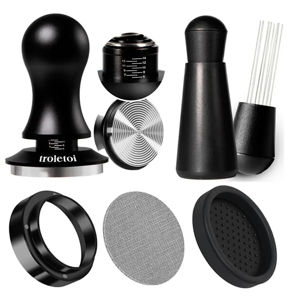 5-Piece Espresso Coffee Tamper Set, Depth Adjustable Tamper with Wdt Tool, Dosing Funnel, Puck Screen, Tampermat, Barista Tools, Espresso Accessories