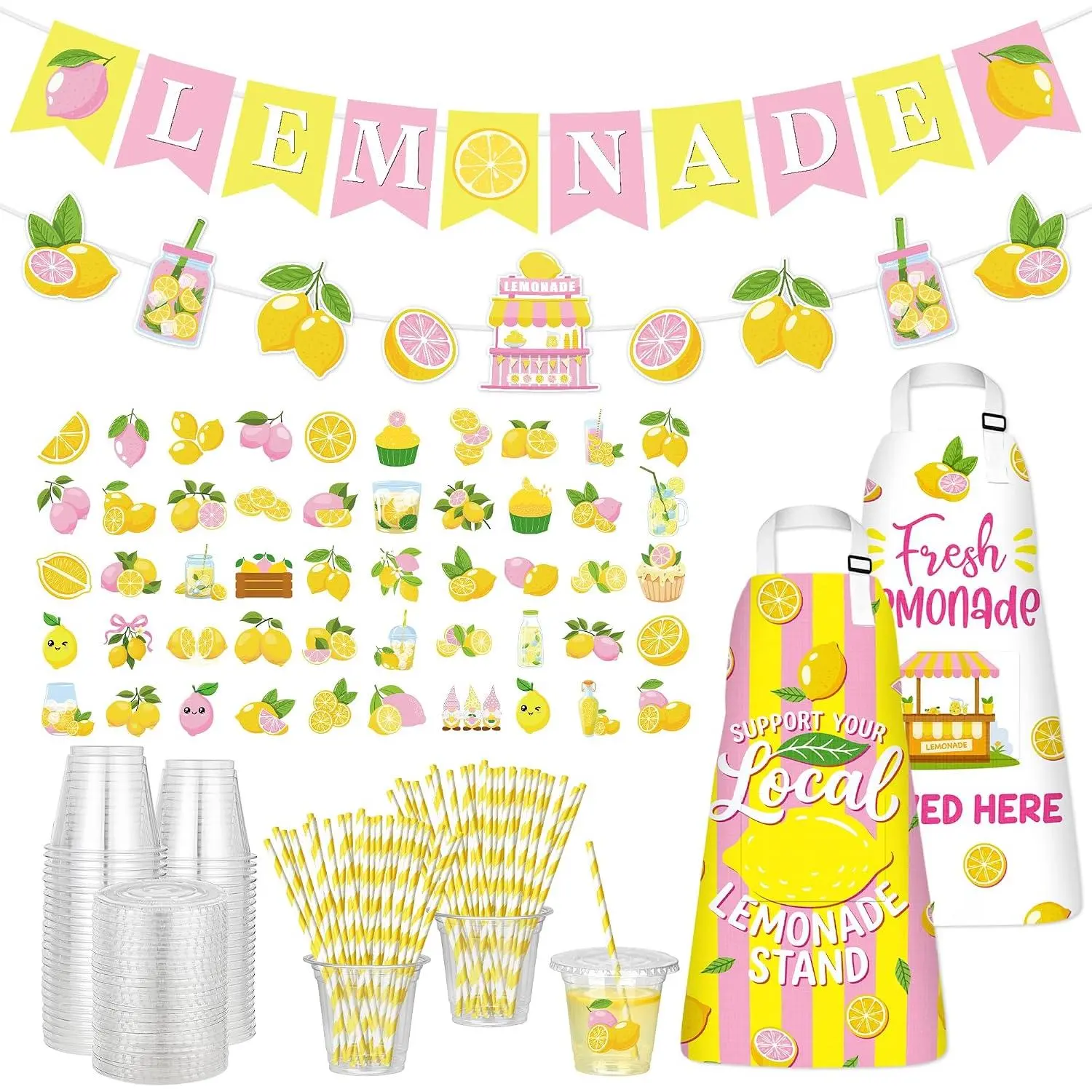 Lemonade Stand Supplies, 2 Pcs Lemonade Banner, 50 Pcs Plastic Cups with Lids and Straws, 2 Pcs Aprons, 50 Pcs Stickers, Pink Yellow Lemon Themed Party Decorations for Summer Kids Birthday Market