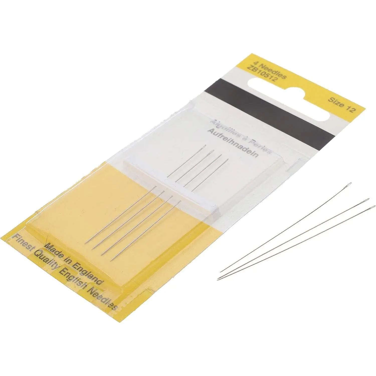 English Straight Steel Beading Needles with Long Eye Hole - Size 12, 4 per Card, English Craft Supply for Beadwork Art, Loom Weaving
