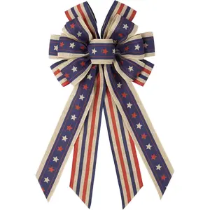 Large Patriotic Wreath Bow, Vintage 4th of July Decor, Primitive Muted Red Blue Stars and Stripes Burlap Ribbon for Front Doofidget toys