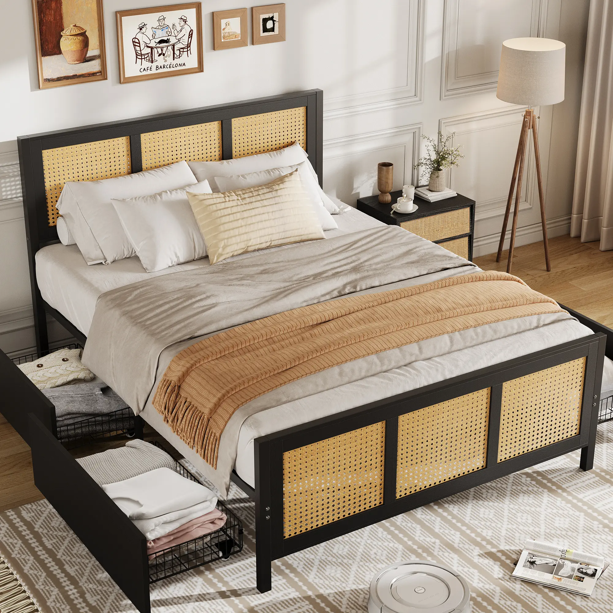 Boho Rattan Full/Queen Bed Frame with LED Cane Headboard & 4 Storage Drawers, No Box Spring, Metal Slats, Easy Assembly
