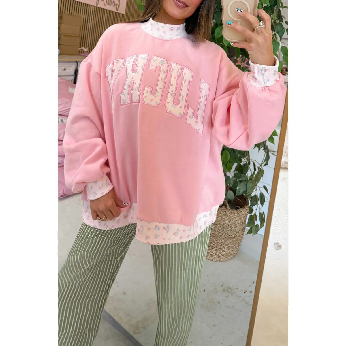 Pink High Neck Floral Patch Embroidery Long Sleeve Sweatshirt