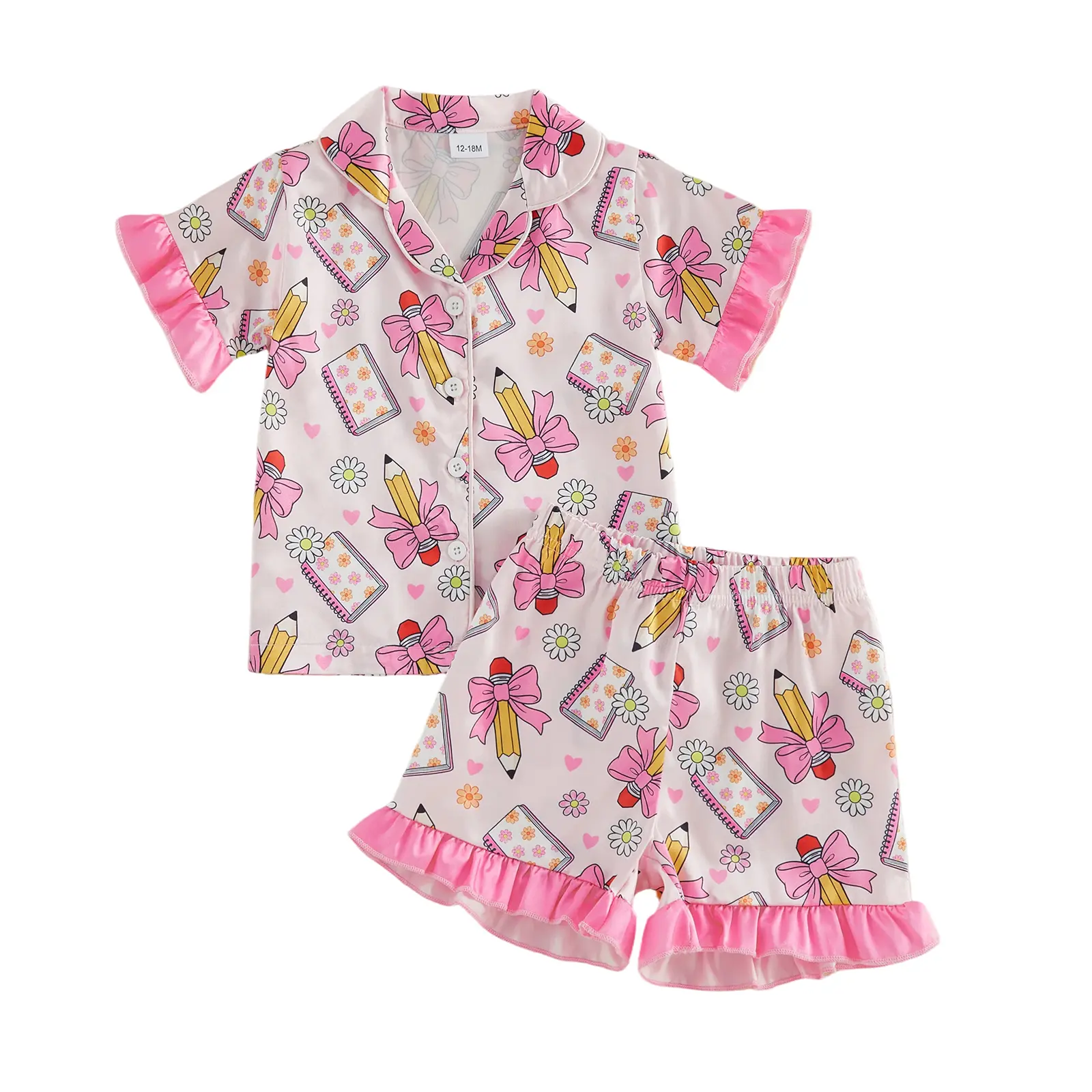FOCUSNORM Toddler Baby Little Girls Back to School Pajamas Set Short Sleeve Button Down Floral Bow Pencil Print Shirt Shorts Sleepwear 1-7 Years