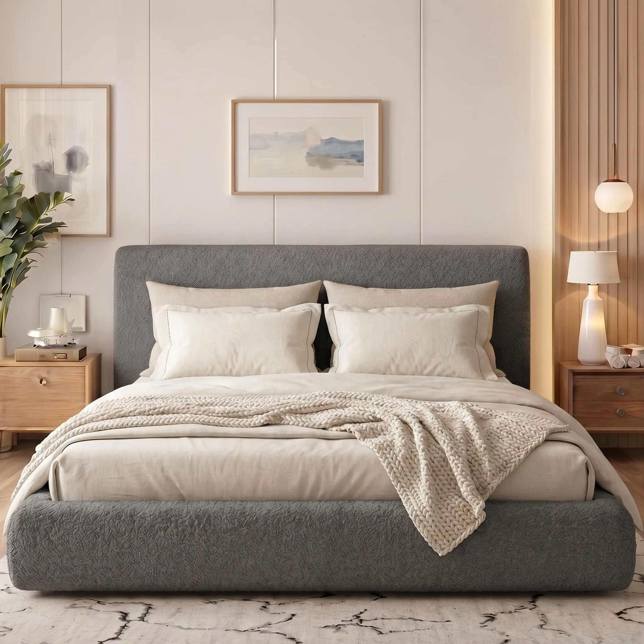 Queen Size Bed Frame with Upholstered Headboard, Modern Cloud Platform Bed Queen, No Box Spring Needed, Easy Assembly, Soft Plush Fabric, Dark Grey