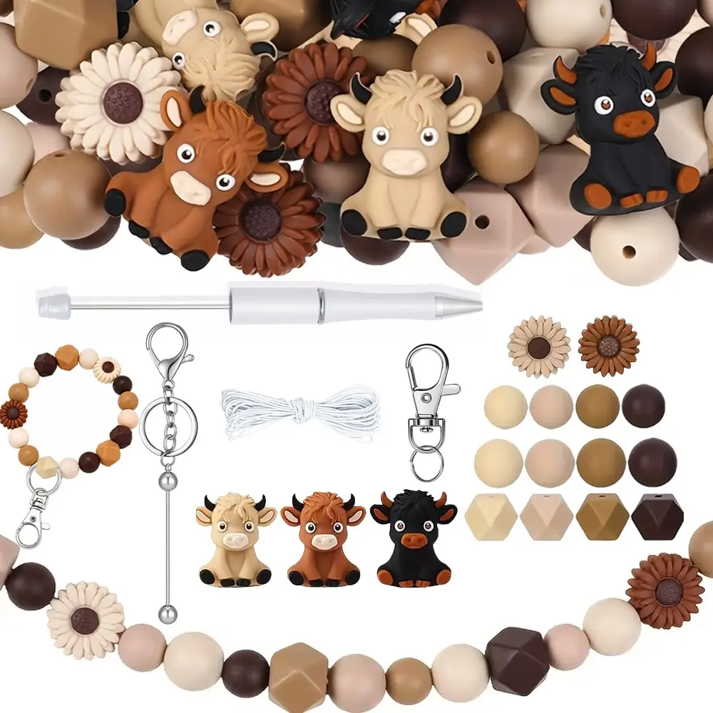 Highland Cow DIY Beadable Pen & Keychain Kit, 30pcs, 3D Cow & Daisy Beads, Keychain Bar, Lobster Clasp, DIY Crafts, Handmade Gifts