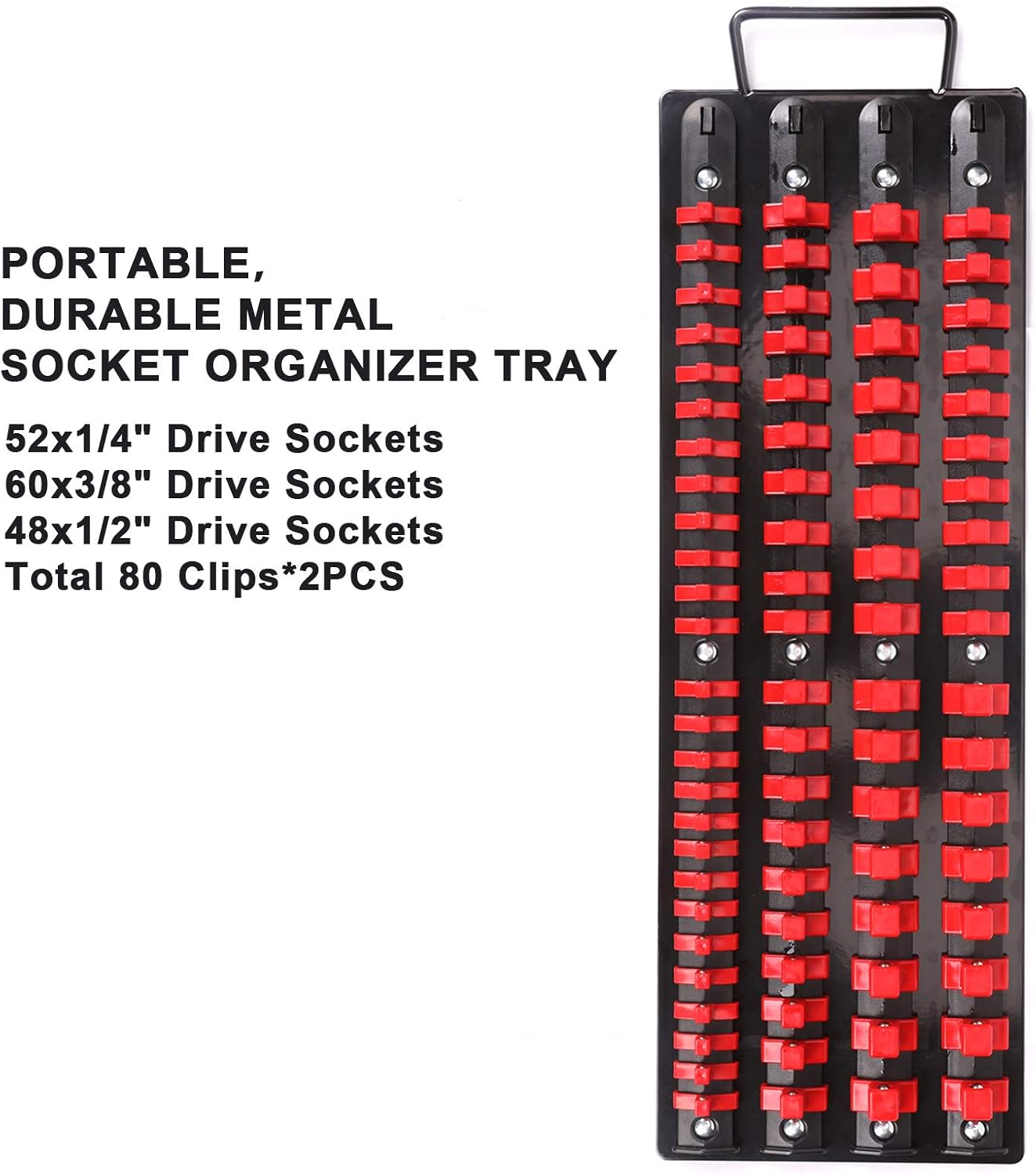 80- Portable Socket Organizer Tray, 2 count Set, Blue & Red, Tools Organizer 1/4-Inch, 3/8-Inch, 1/2-Inch, Heavy Duty Socket Holder, Black Rails, Blue & Red Clips