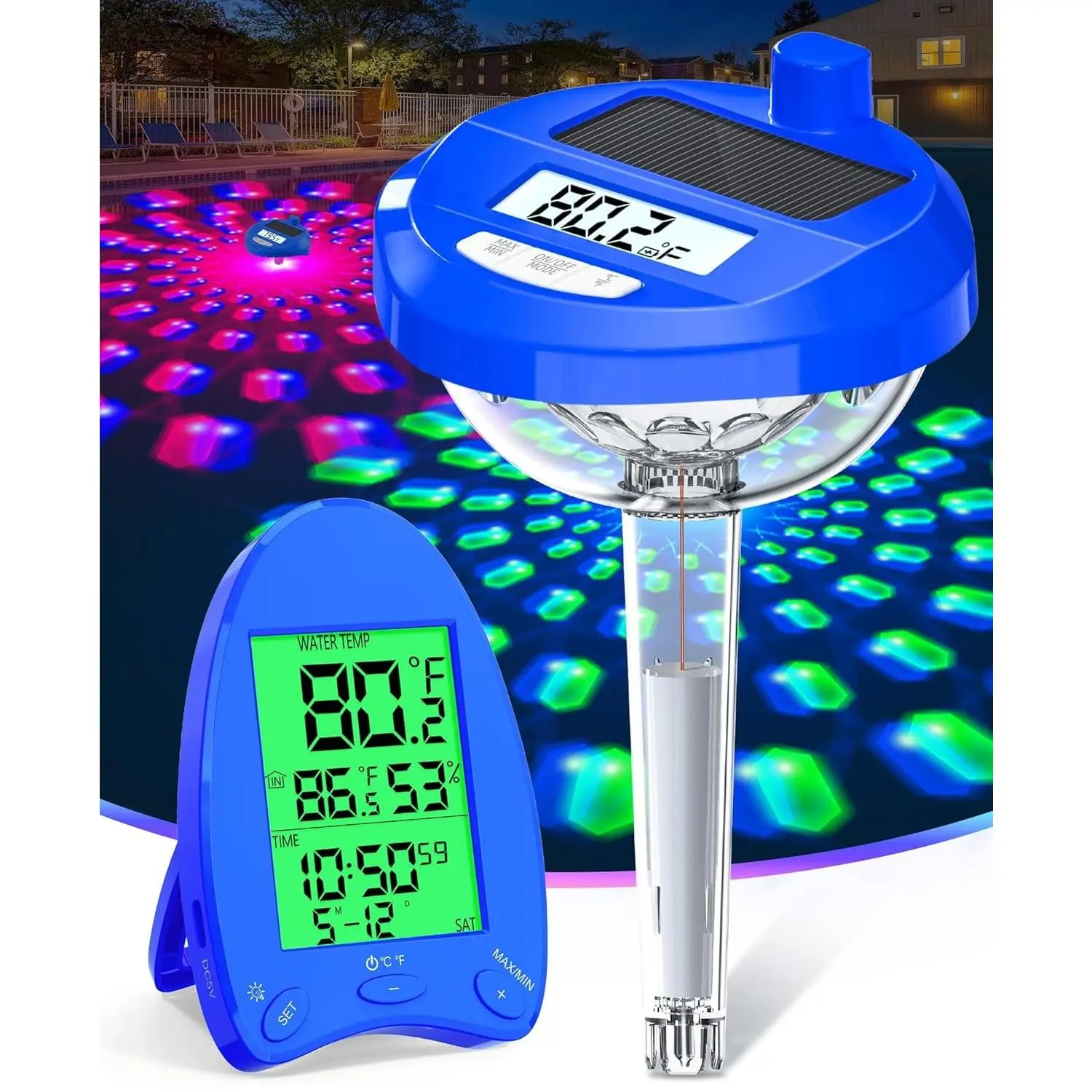 Solar Pool Thermometer Wireless 650FT Transmission with Light Show Dual Backlit Display for Easy Read Floating Water Temperature Gauge for Hot Tub Spa