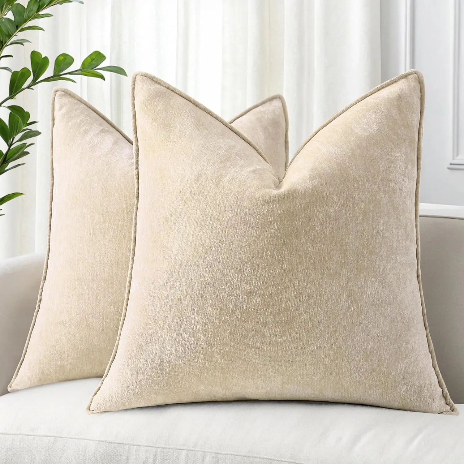 Fall Couch Throw Pillow Covers 18x18 Set of 2, Decorative Soft Velvet Modern Cozy Chenille Pillow Cases with Elegant Design for Sofa Bed Living Room Home Decor, Beige