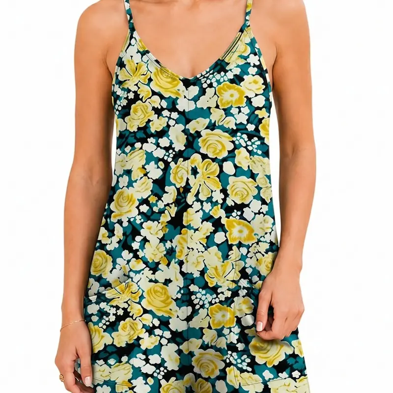 Women's Racerback Cami Romper, Strappy Short Jumpsuit with Pockets for Travel, Lounge and Summer