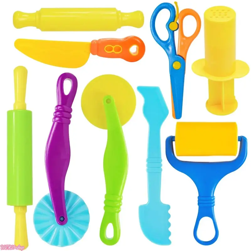 [SummerWins]Random Color Playdough Tool Set, 9 Counts/set Play Dough Tools Sets for Kids, Playdough Accessories Includes Cutters Roller, Rolling Pins, Safety Scissors, Plastic Knife Creative Handcraft Kit