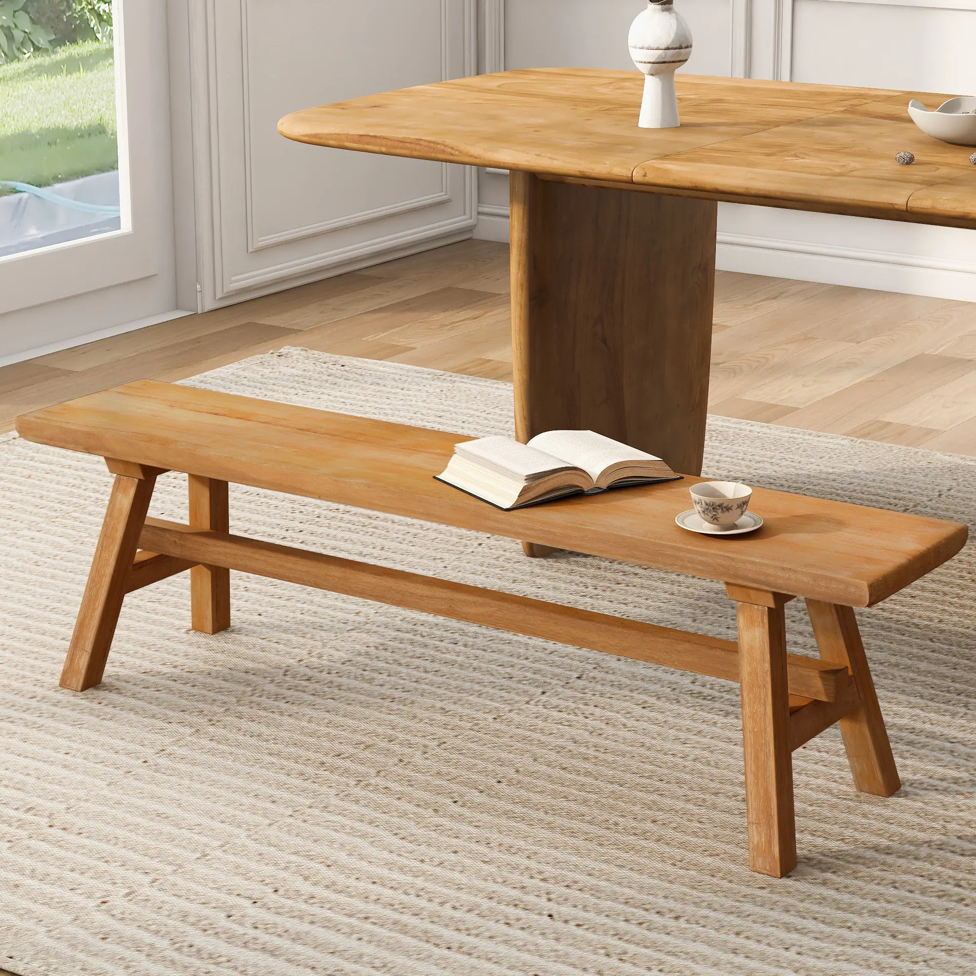 Nokaa Solid Wood Bench 39 Inch Farmhouse Entryway Bench Natural Rubberwood Dining Room Bench Indoor Rustic Storage Bench for Living Room Hallway Bedroom Extra Seating Easy Assembly, Natural Wood Color Options, Rubber Wood Material, Farmhouse Style