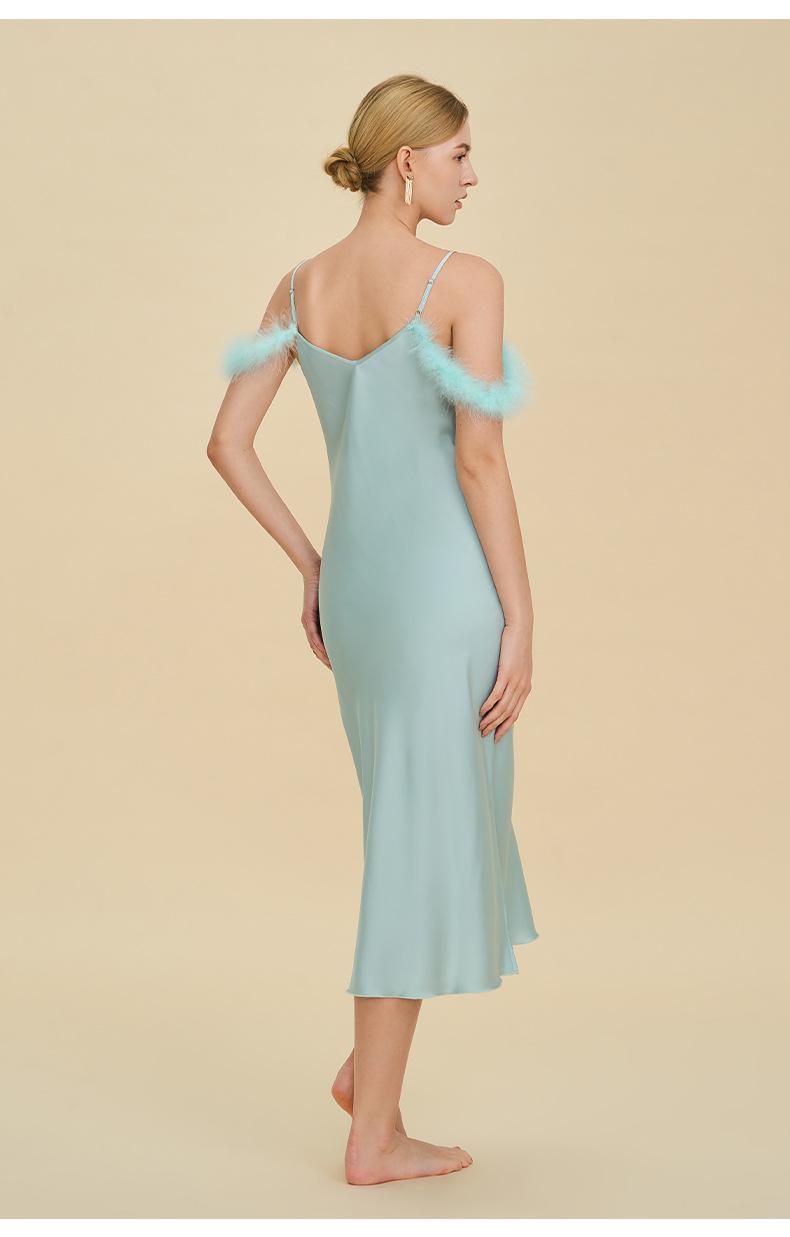 Sexy nightgown with straps, Russian cross-border one-shoulder dress, faux acetate nightgown, light luxury bridesmaid gift, strap dress, sexy off-shoulder feather-trimmed satin long dress, spicy girl style slim-fit bodycon dress