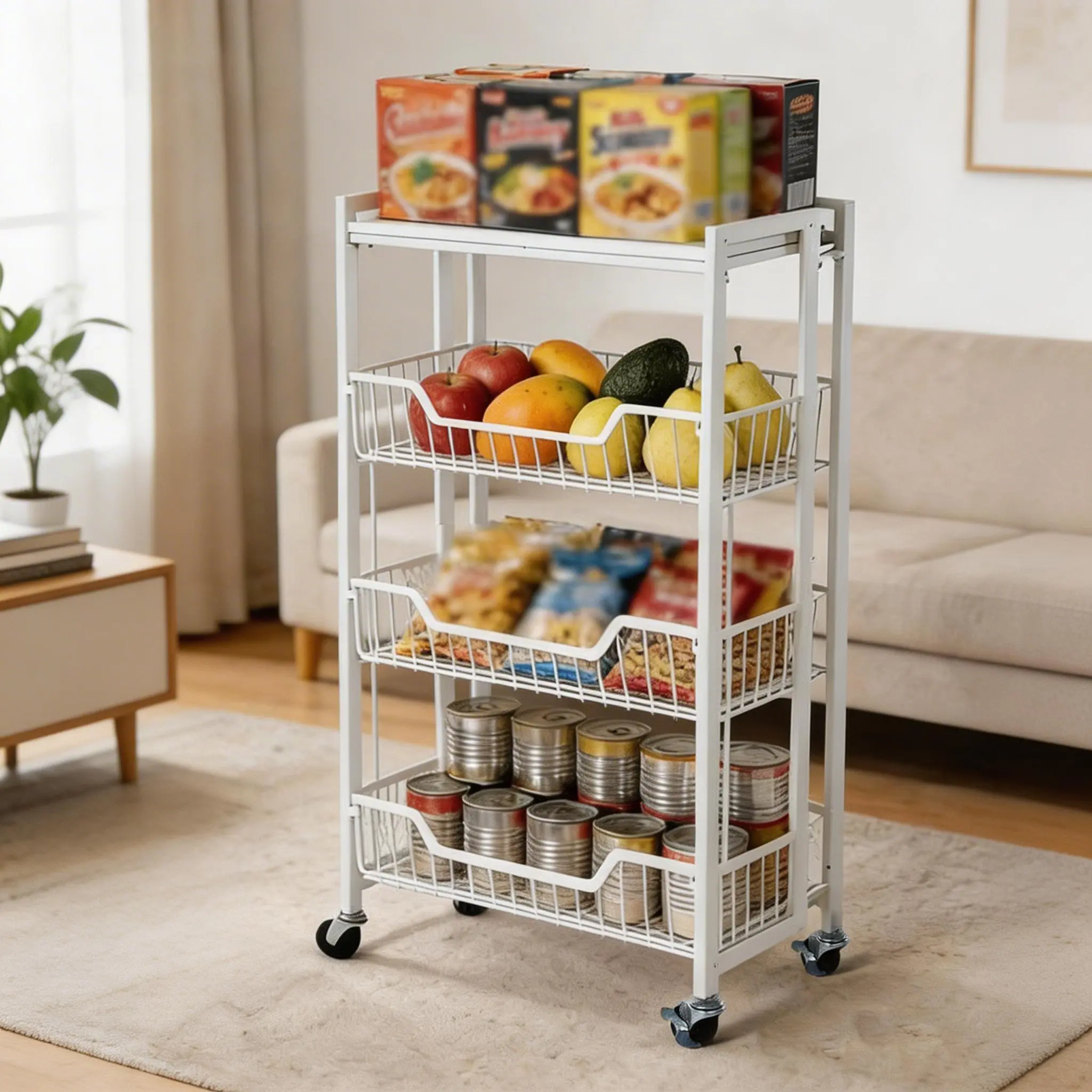 Collapsible 3-Tier Kitchen Storage Cart on Wheels – Space-Saving Utility Organizer with Iron Frame, Wood Shelves, and Locking Casters – Rolling Pantry Rack for Home Kitchen Organization