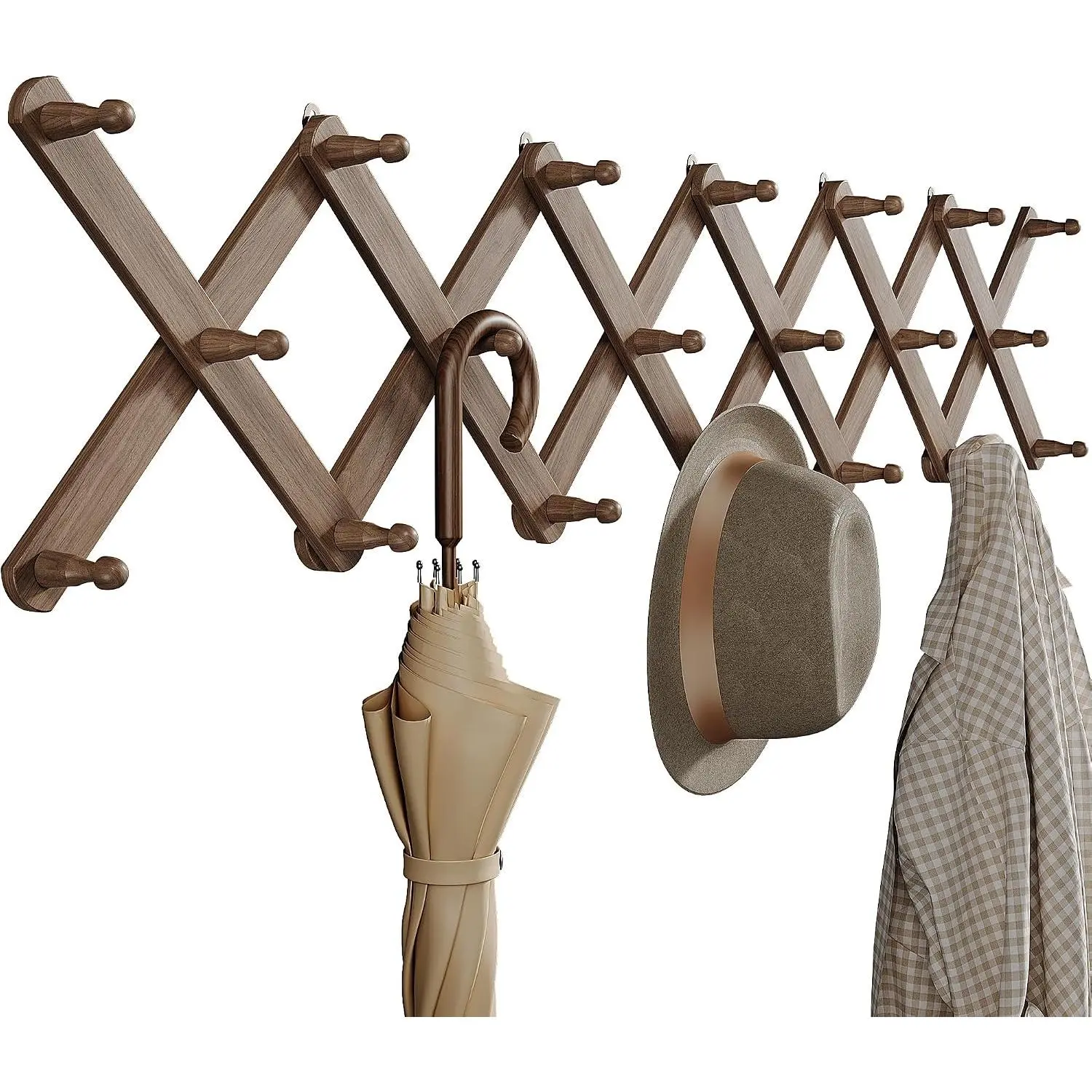 Accordion Wall Hanger with 14 Pegs, Expandable Wooden Coat & Hat Rack