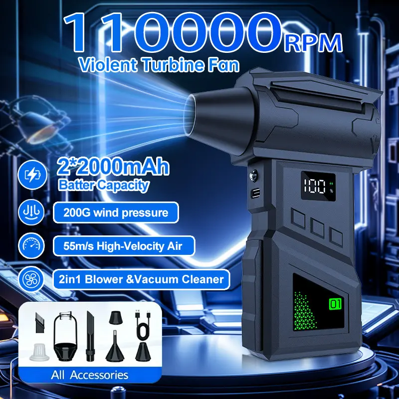 110000RPM Violent Turbine Brushless Air Blower 55m/s High Velocity Cordless Turbo Fan with LED Light & Digital Display Type-C Rechargeable Handheld Dust Cleaner for PC Keyboard Car Detailing Snow Removal Pet Hair Camping Household Deep Cleaning