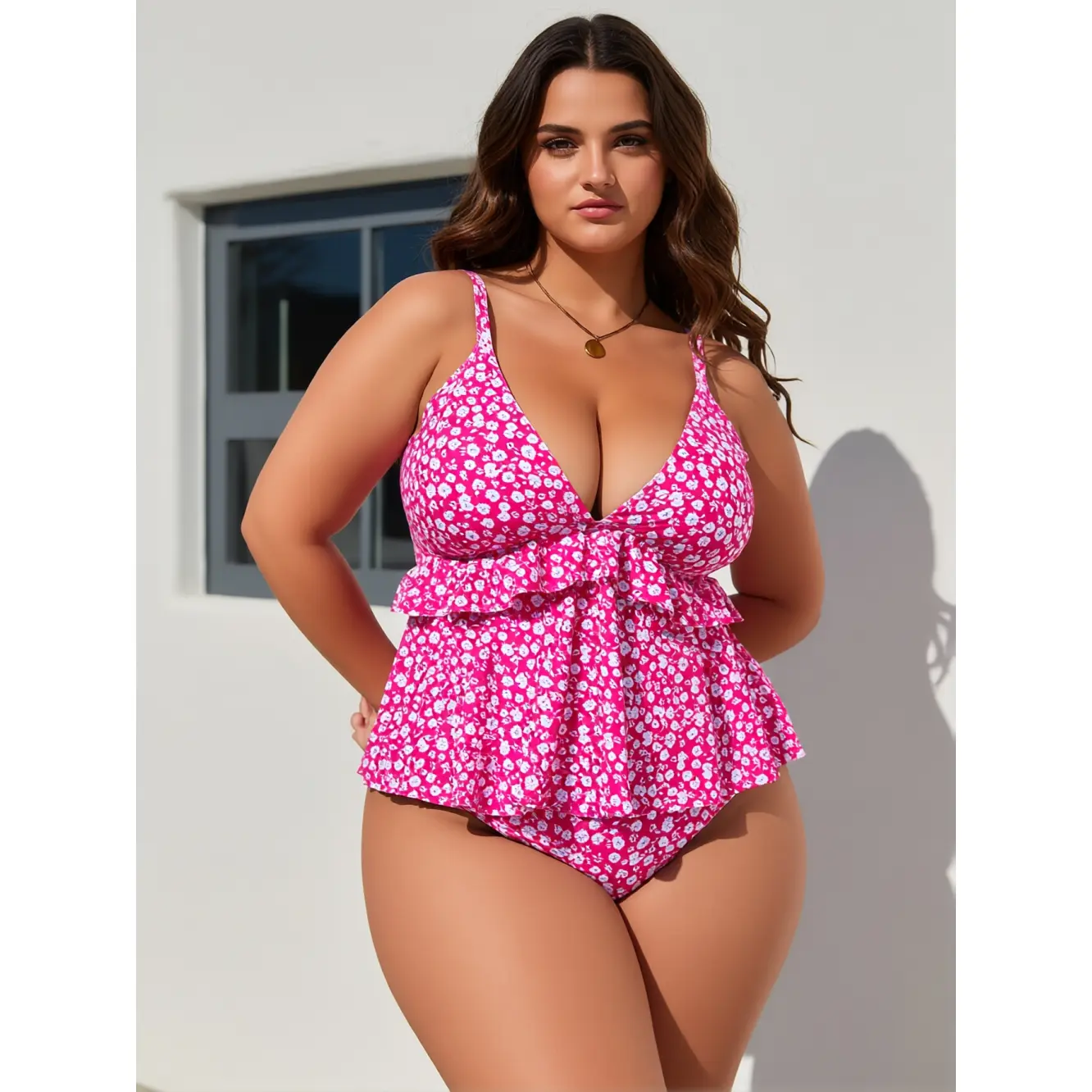 Female Multi-Size 2-Piece Flowy Peplum Tankini Swimsuit - High-Waist Bottoms, Stretchy Tummy Control, Fashionable Sports & Outdoor Beach Wear, Pool Swim Set