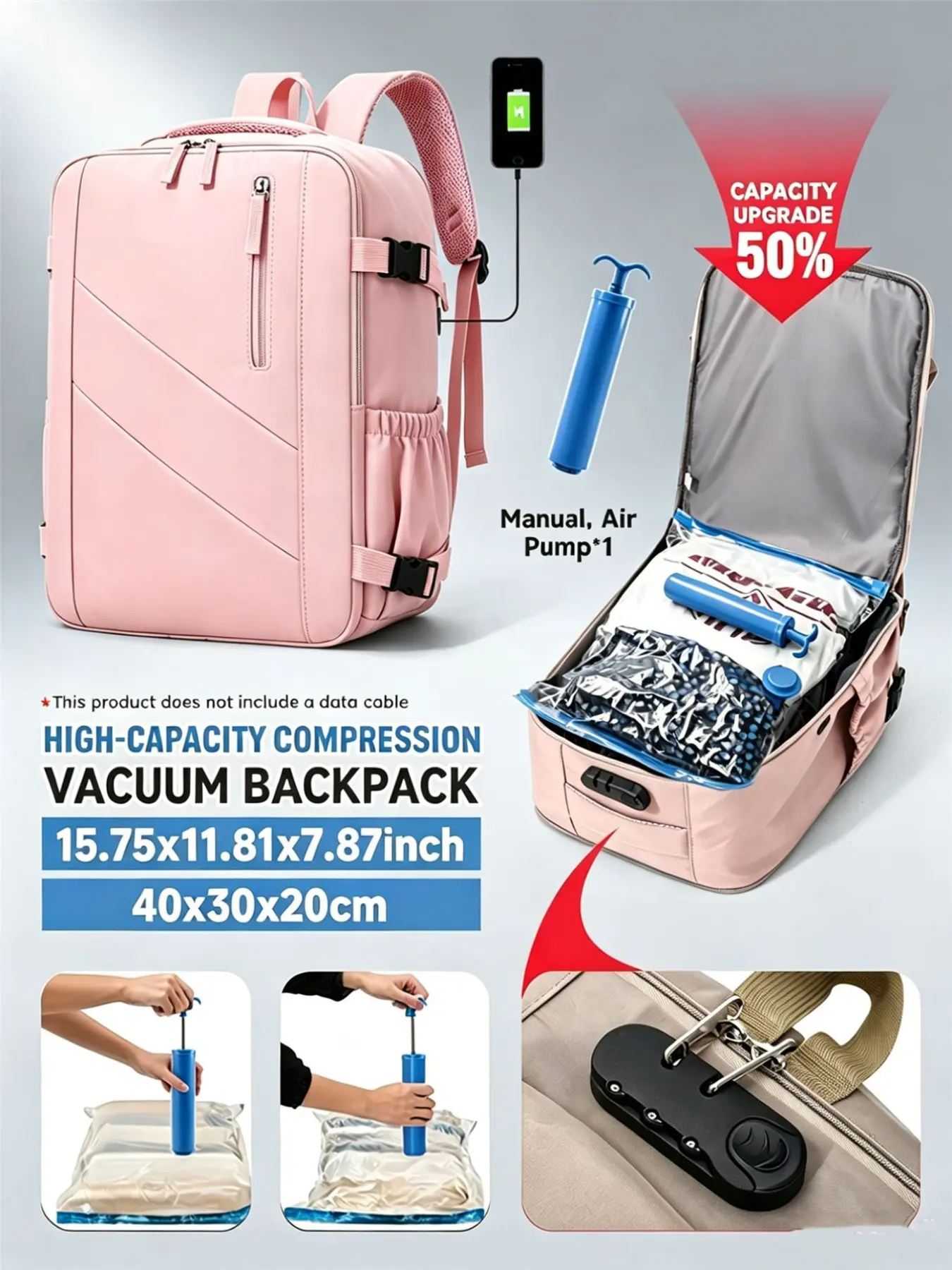 Travel Luggage Vacuum Compression Set Women's Backpack, Travel Bags with Pump, Airline Approved 40X30X20Cm Cabin Bag, Travel Carry On, with Vacuum Pump, Back with Trolley Suitcase Fixed Strap, Suitable for Air Travel And Casual Storage Bag