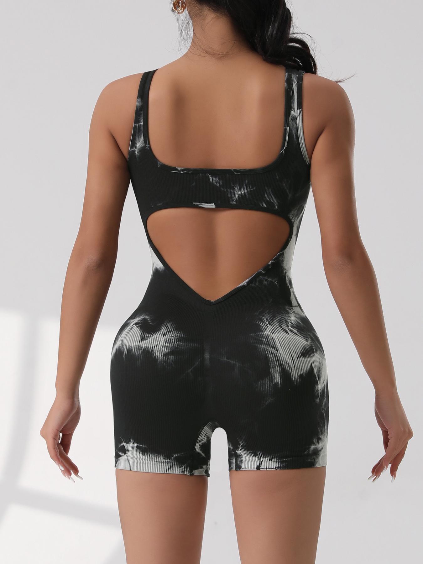 Women's Marble Print Open Back Sports Tank Romper, Casual Sleeveless Racer Back Skinny Romper Stretchable Activewear for Yoga Gym Workout, Ladies Sportswear for Summer