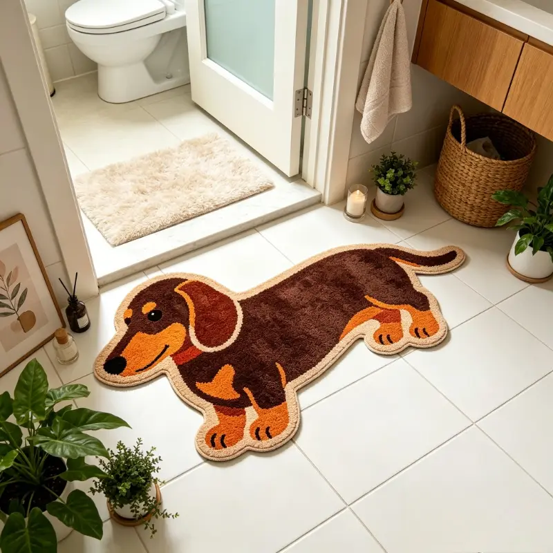 Dachshund bathroom special-shaped floor mat cute shape living room decorative carpet brown and orange color bedroom bedside strip carpet dog pattern bathtub area non-slip carpet home washable entrance carpet ins style study leisure area carpet