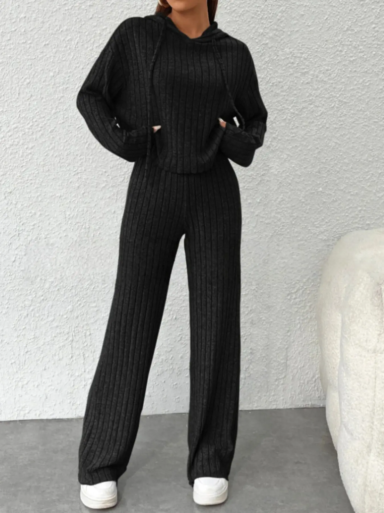 Women’s Ribbed Knit 2 Piece Lounge Set, Hoodie and Wide Leg Pants, Loose Fit, Soft Comfy, Travel Airport Casual Tracksuit with Pockets