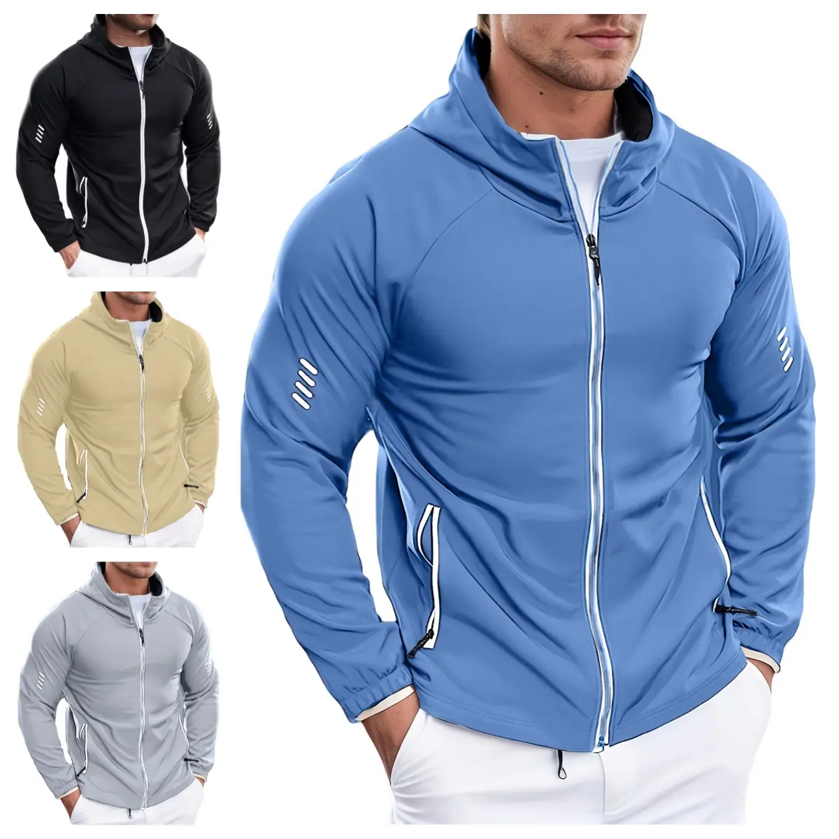 Men's Casual Full Zip Scuba Hooded Running Jacket Reflective Zip Pocket Coat Spring Fall Outdoor Athletic Streetwear Daily Clothes Wear Outfit Style cozy soft cool clean chic premium classic stylish durable trendy comfy urban hype Vibe Sports Layers