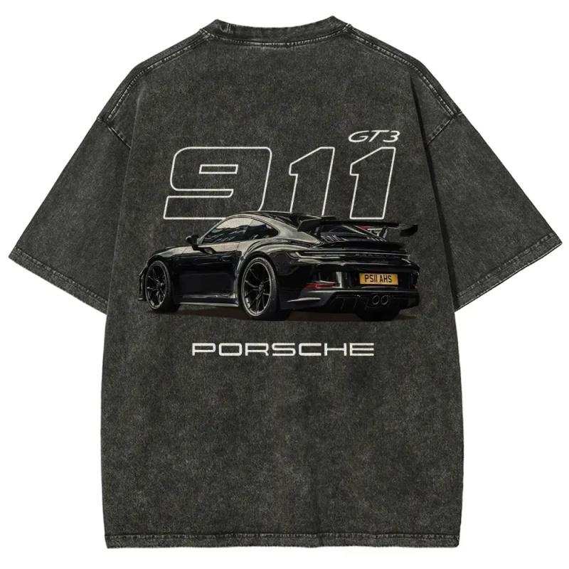 911 GT3 Racing T-shirt, unisex, washed cotton T-shirt, oversized men's top, street style crew neck T-shirt, fashionable and versatile, with clear print