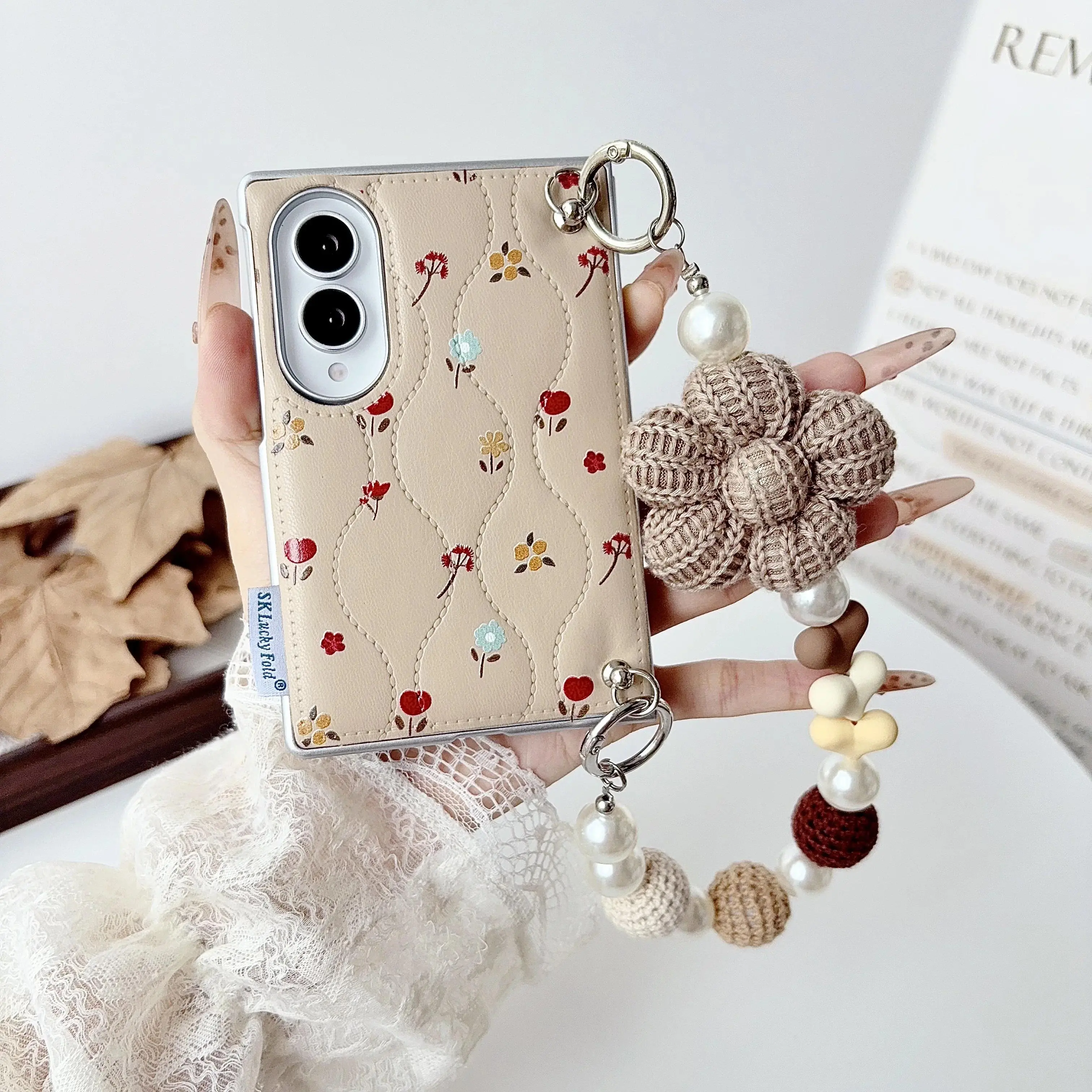 Fashion Flower‌ Leather Strap Phone Case for Samsung Galaxy Z Fold8 Fold 8 Wide Shockproof Comfortable Grip Flexible Slim Cover