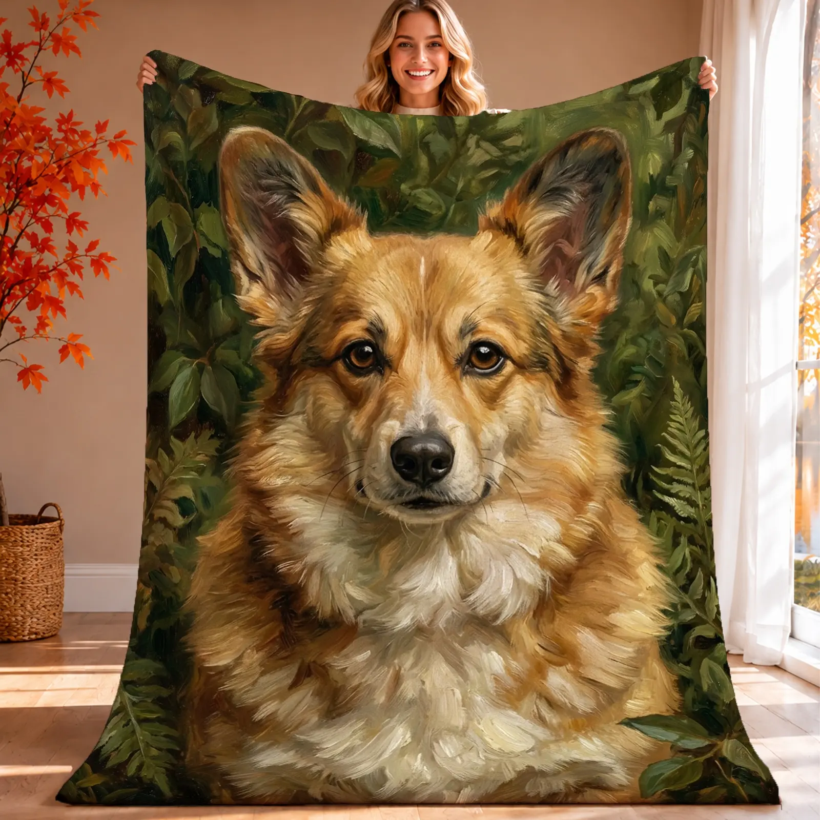 1pc Corgi Dog Blanket, Whimsical Cottagecore Style, Charming Hand-Painted Corgi Portrait Surrounded by Lush Foliage, for Living Room Bedroom Home Decor and Dog Lover Gift