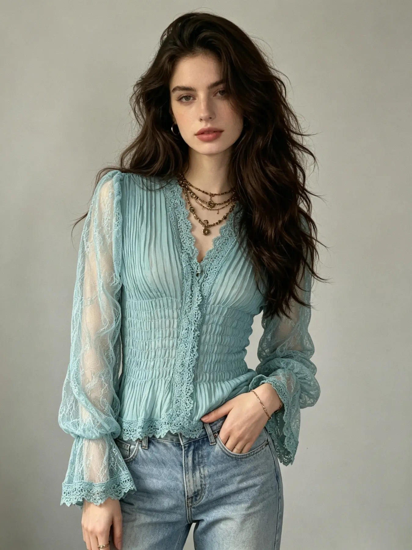 Women's Boho Bohemian Style Ruched Long Sleeve Shirt Blouse, Deep V Neck Patchwork Lace Design, Soft Comfortable Fabric, XS-2xl Sizes, Top