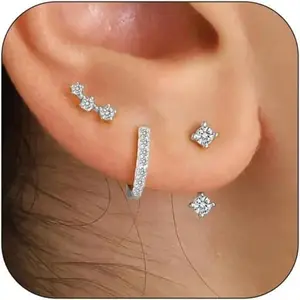 3Pairs 925 SilverCubic Zirconia Stackable Piercing Earring Set, Silver Tone Mini Square Cluster Studs, Full Pave Small Huggie Hoop Jewelry