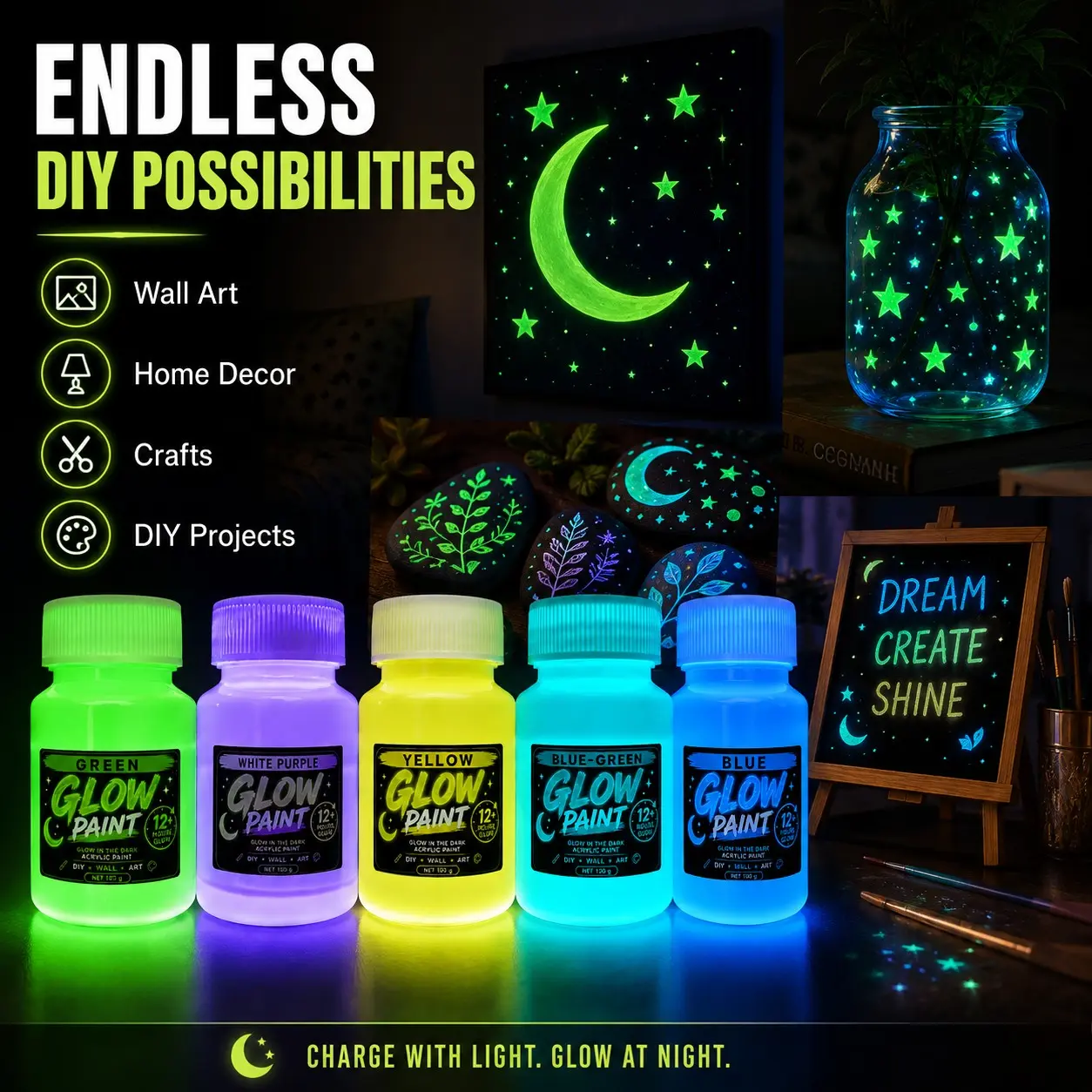 100g Glow in the Dark Acrylic Paint Set - Premium Strontium Aluminate Formula, Lab-Tested 12+ Hours Ultra Long-Lasting Glow, Vibrant Day-Visible Neon Paints for DIY, Wall Art & Crafts (Non-Toxic)
