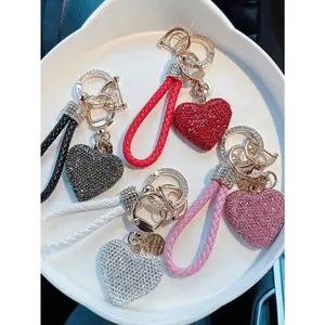 1PC Pink & Gold Bling Heart Keychain – Full-Diamond Key Fob with Braided Strap. Perfect for Car Keys, Bags & Valentine's Gifts. Great for Friends & Partners.  Gold Plated Glitter Cherry Keychain