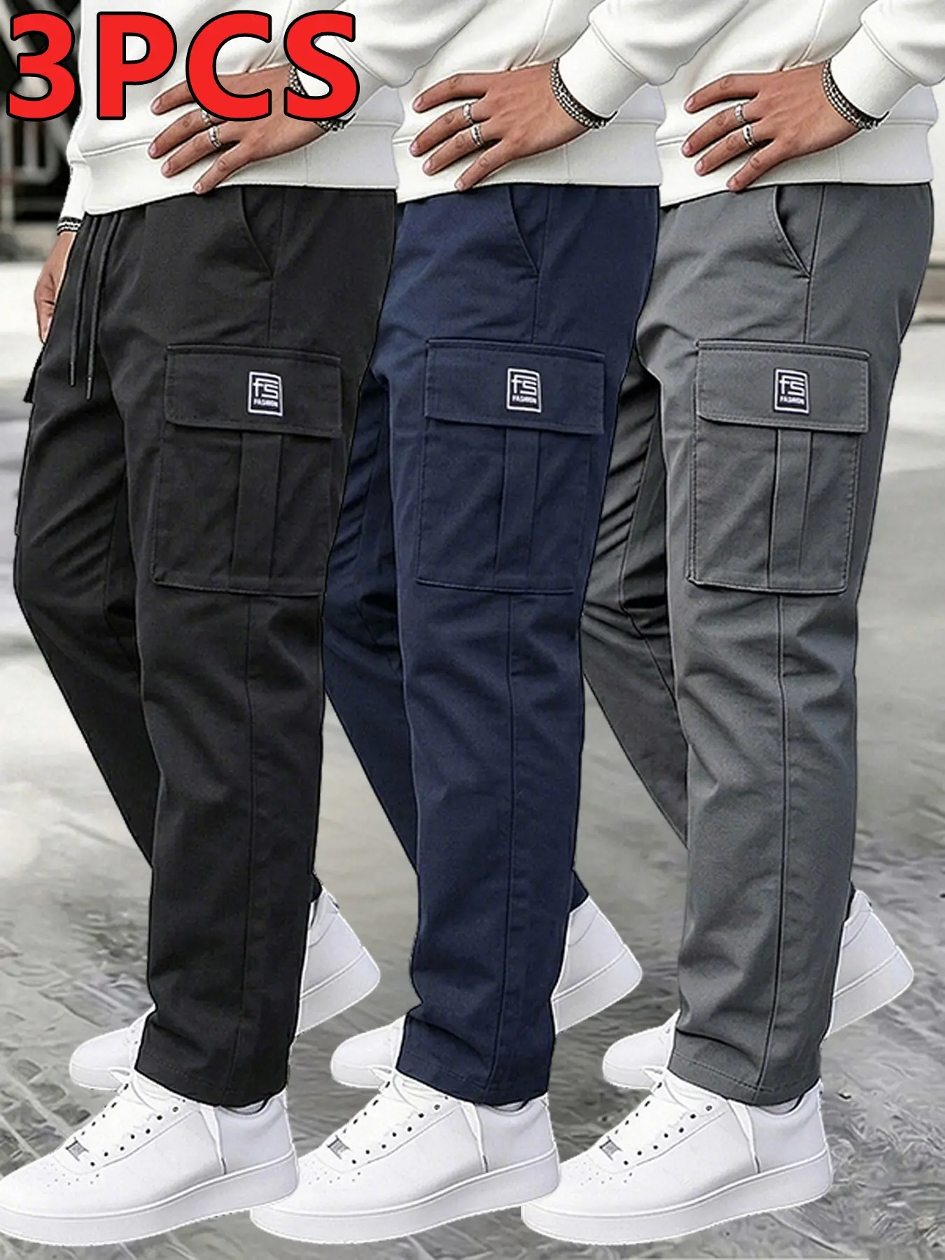 Men's 3-Pack Multifunctional Work Pants, Elastic Waistband, Drawstring Design, Loose Straight Leg, Ideal for Outdoor & Daily Wear, Casual Streetwear Clothes, Streetwear Style