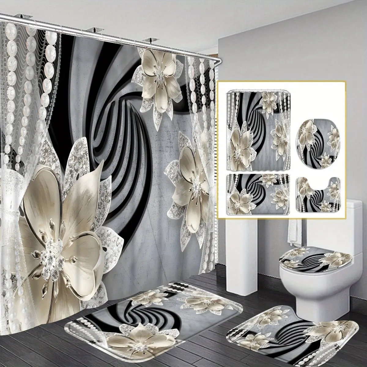 4Pcs Diamond & Flower Shower Curtain Gift Modern Family Bathroom Decorative Curtains and Toilet Floor Mats Three-piece Set with 12 Shower Curtain Hooks